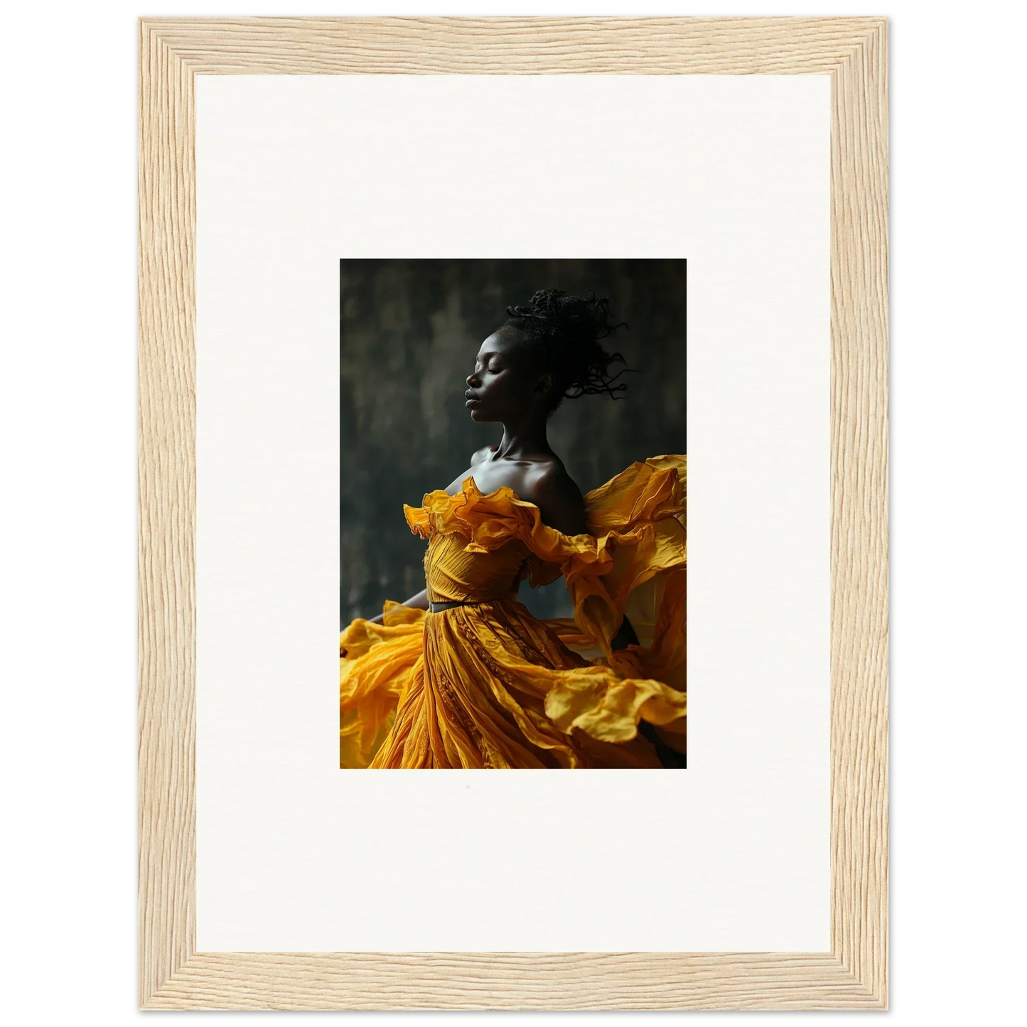 Person in a yellow dress captures the essence of Sunlit Whispers wall art decor