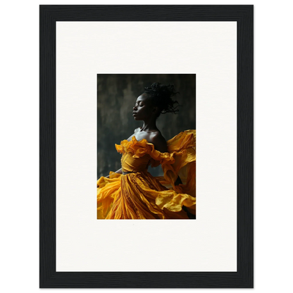 Framed wall art of a person in a yellow dress capturing sunlit whispers for room decor