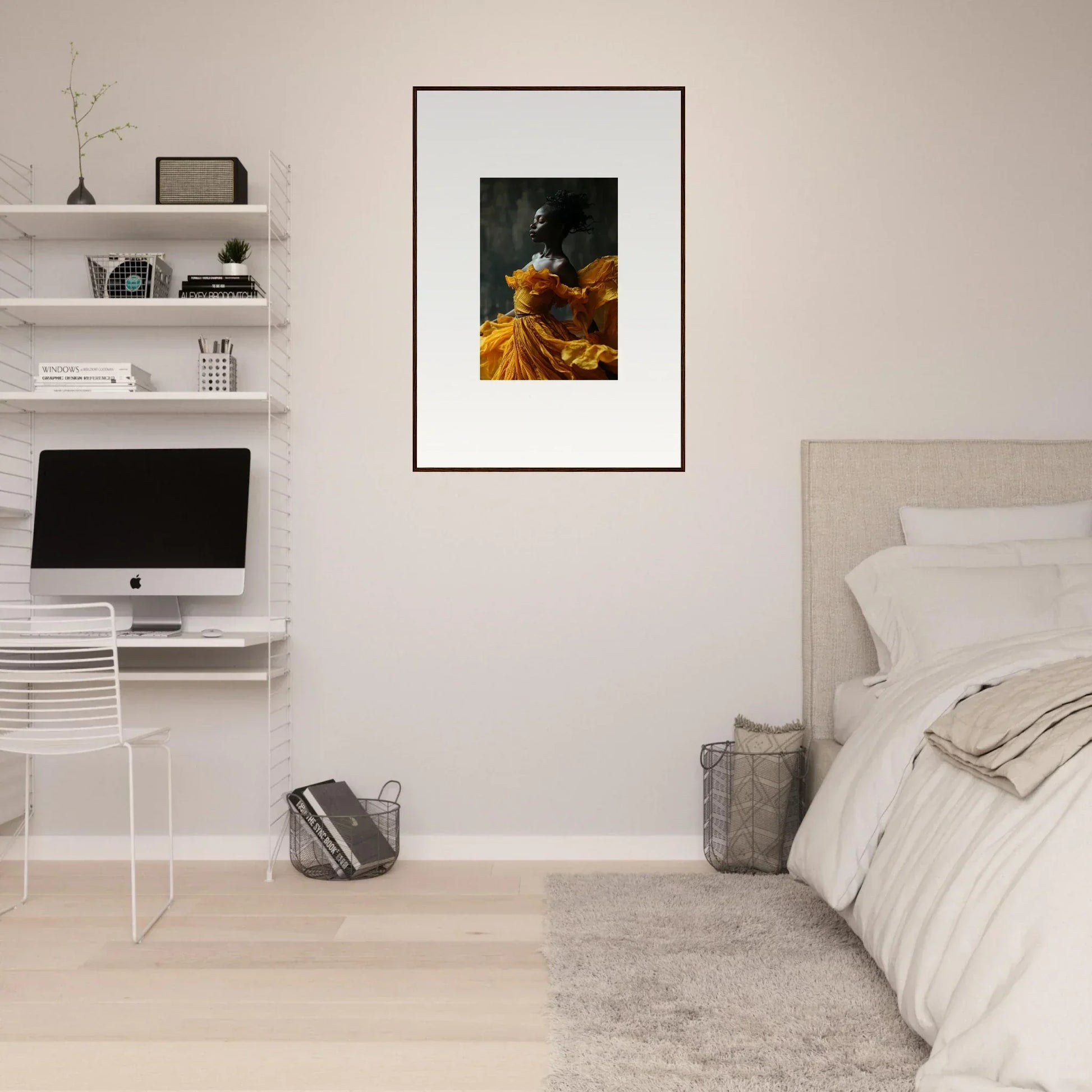 Framed wall art of a figure in a yellow dress, perfect for sunlit whispers room decor