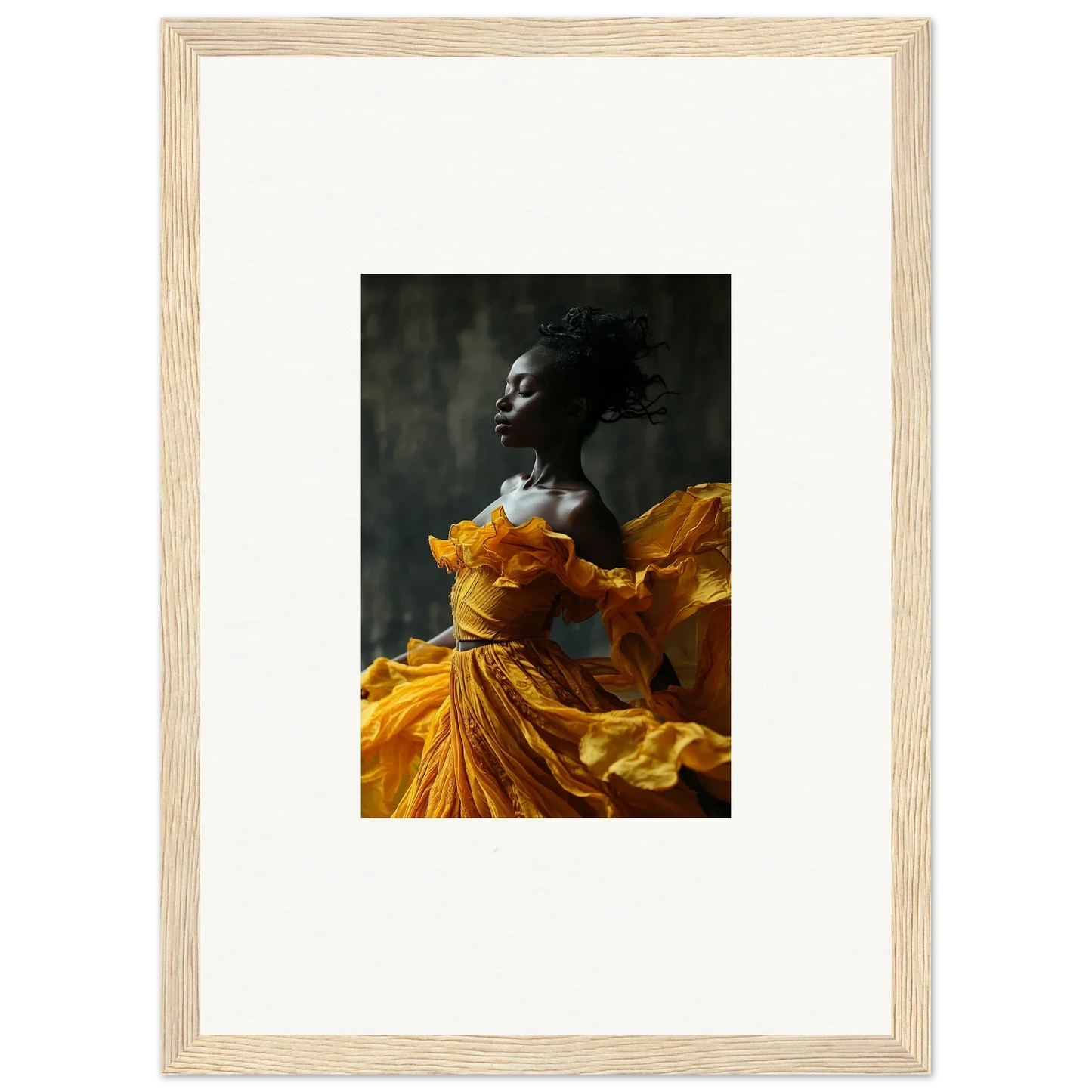 Framed wall art of a person in a flowing yellow dress, capturing sunlit whispers