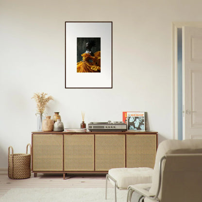 Wooden sideboard with cane-webbed doors showcasing sunlit whispers room decor items