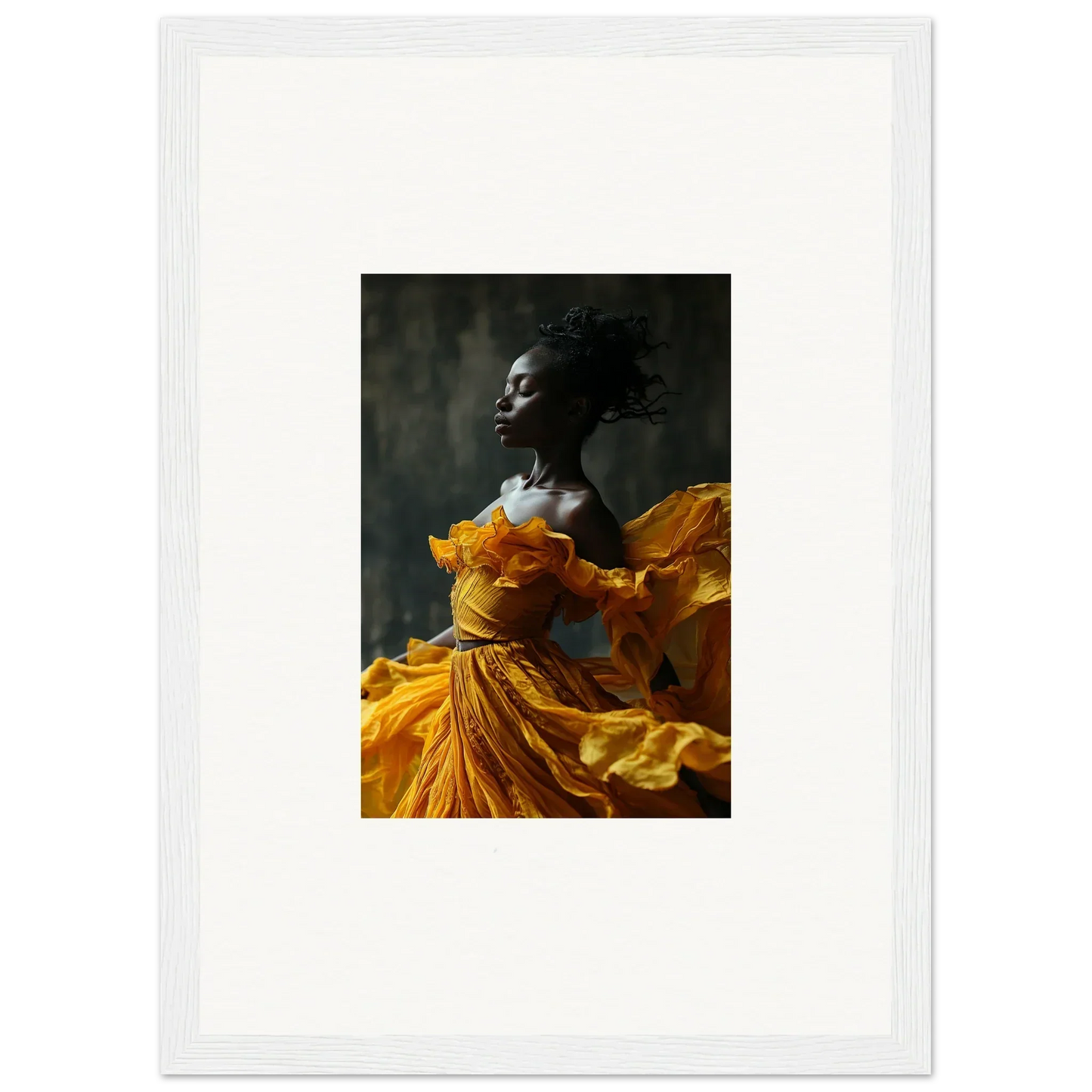 Dancer in flowing yellow dress represents Sunlit Whispers framed wall art for room decor