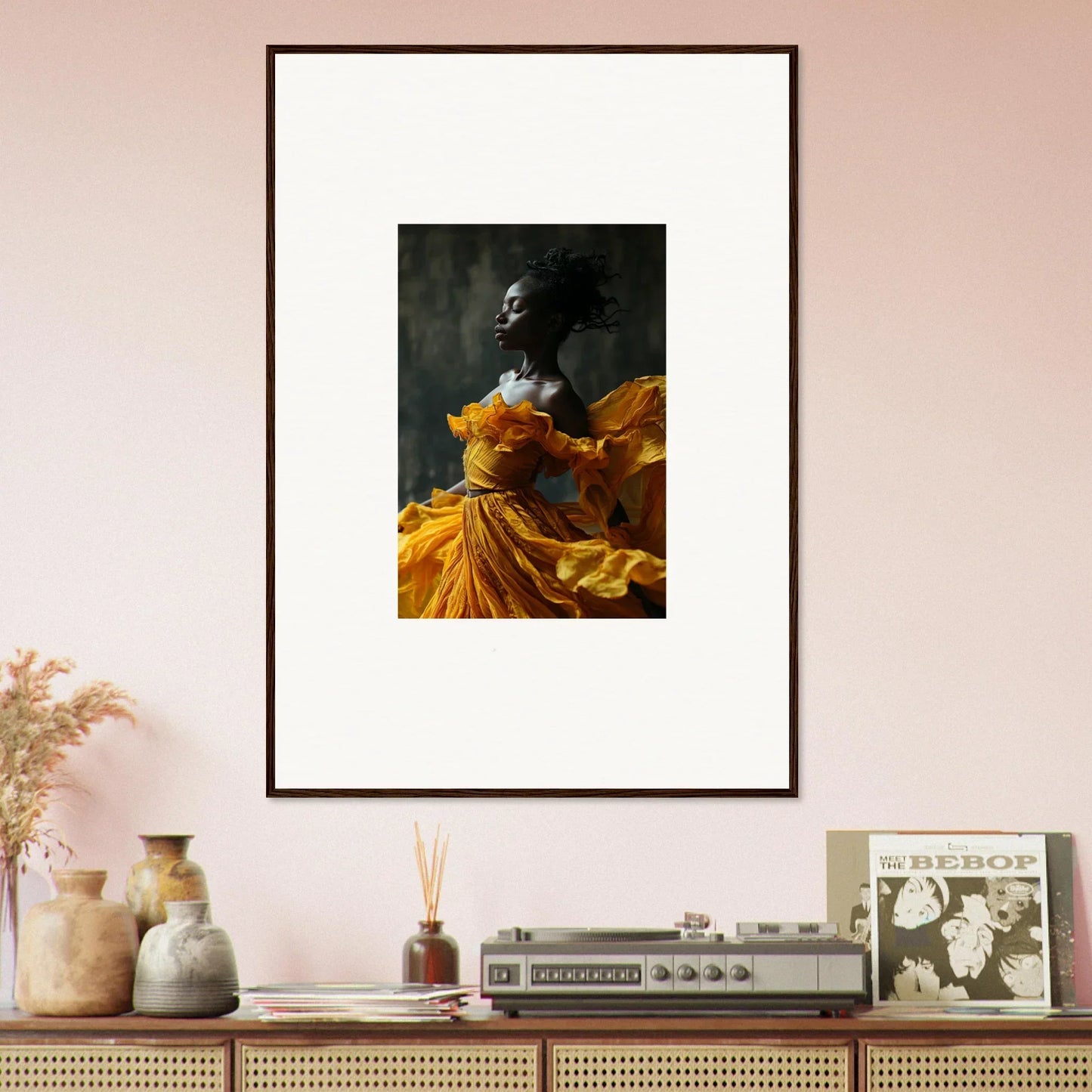 Framed wall art of a person in a yellow dress, capturing sunlit whispers for room decor