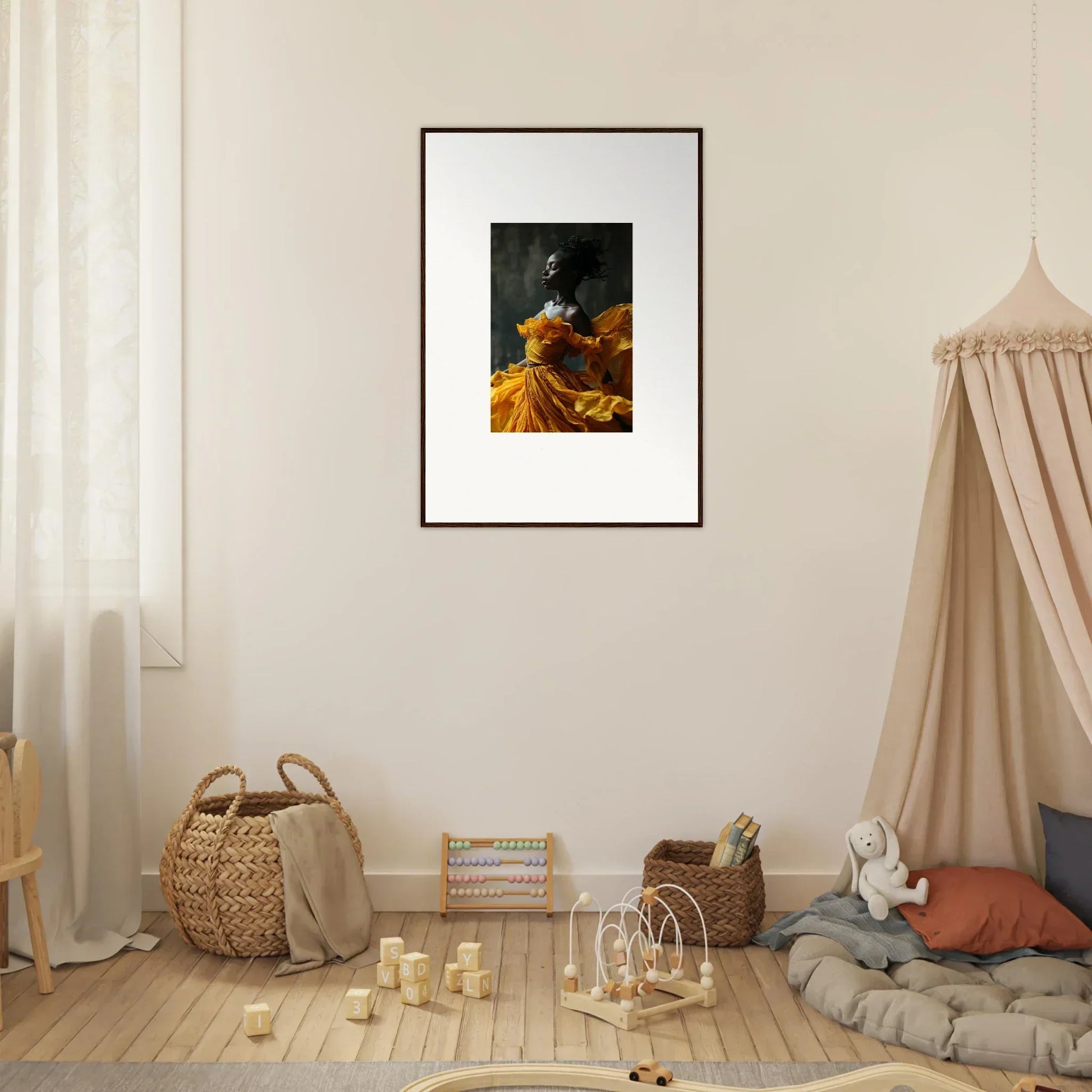 Framed wall art of a figure in a yellow dress, perfect for sunlit whispers room decor