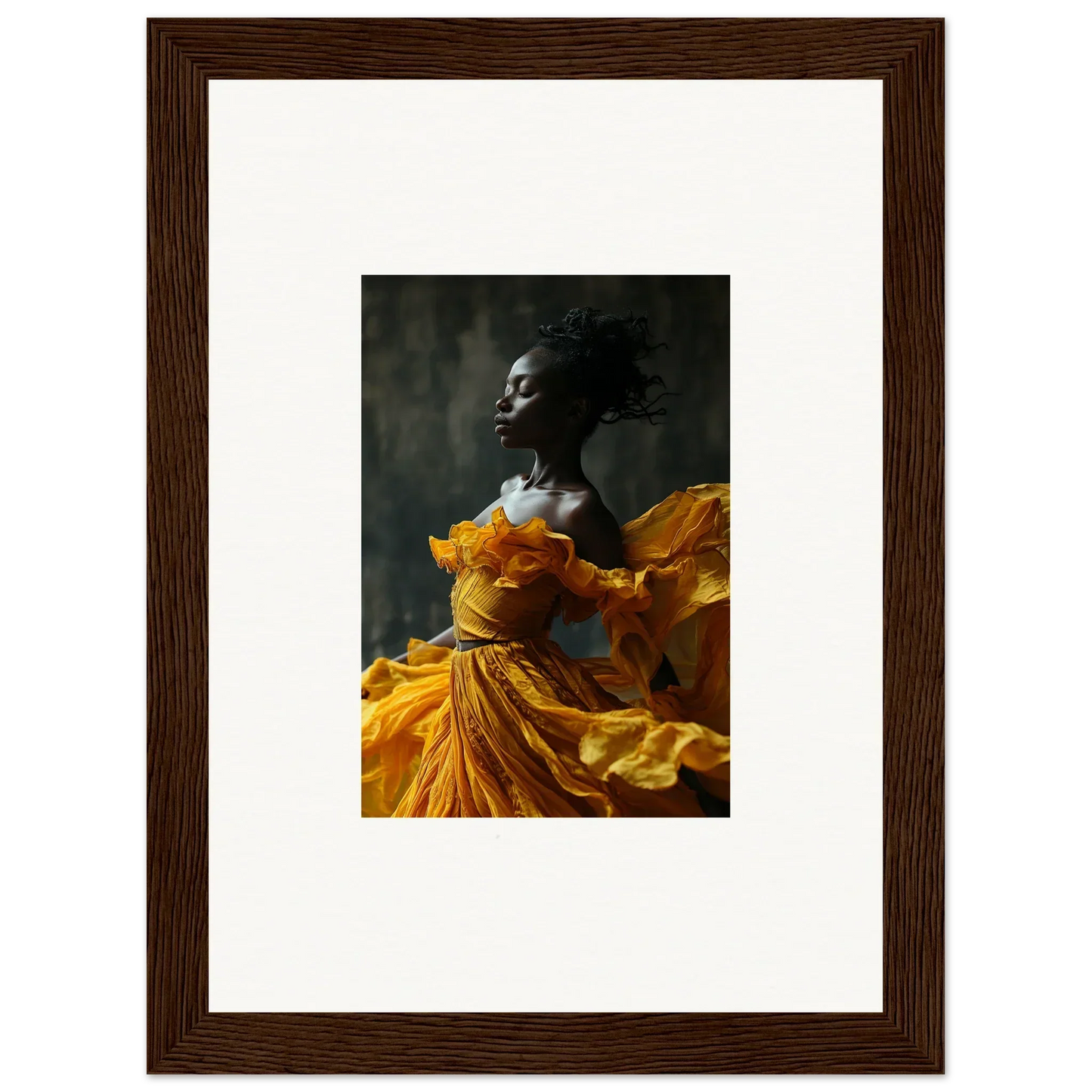 Framed wall art of a person in a flowing yellow dress, capturing sunlit whispers