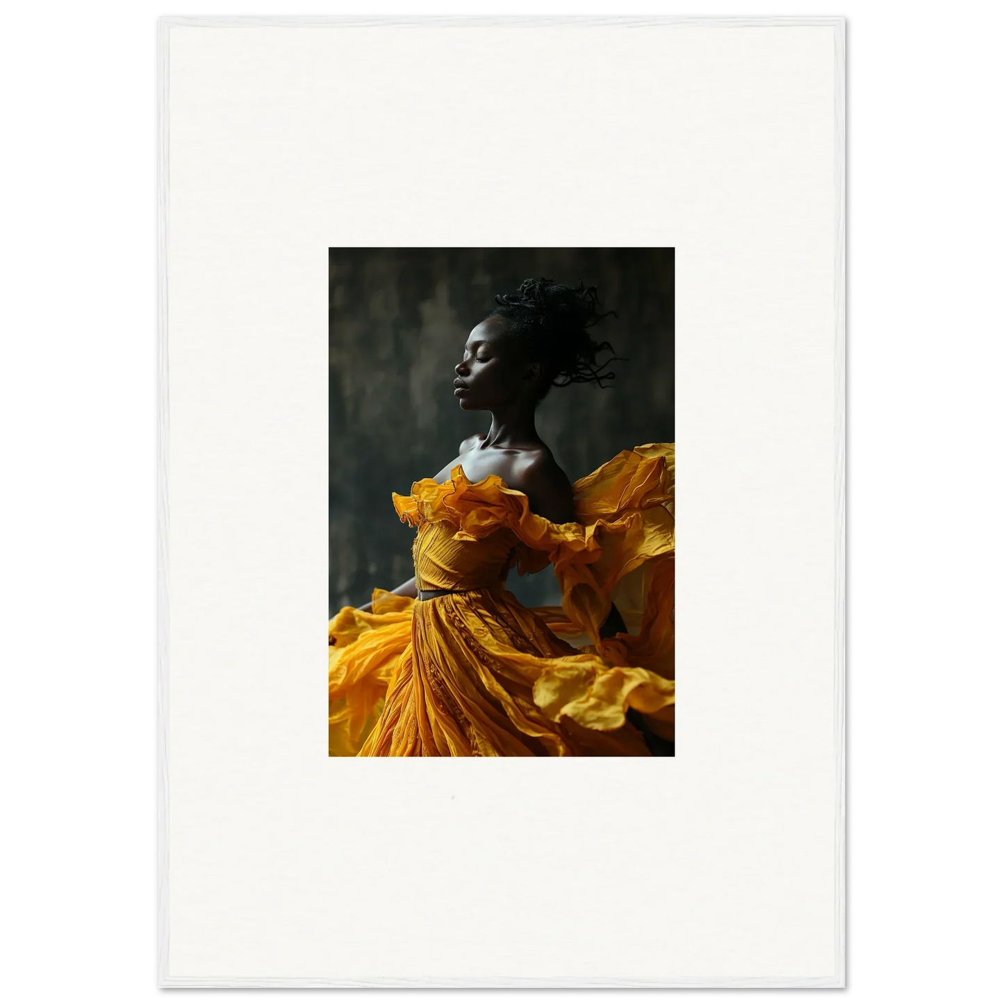 Woman in a yellow dress captured in Sunlit Whispers framed wall art for room decor