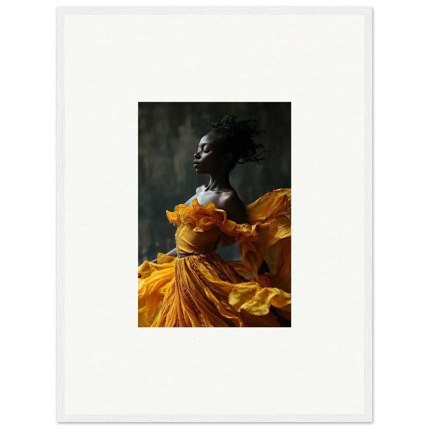 Striking portrait in vibrant yellow dress, perfect for sunlit whispers room decor