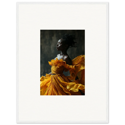 Striking portrait in vibrant yellow dress, perfect for sunlit whispers room decor