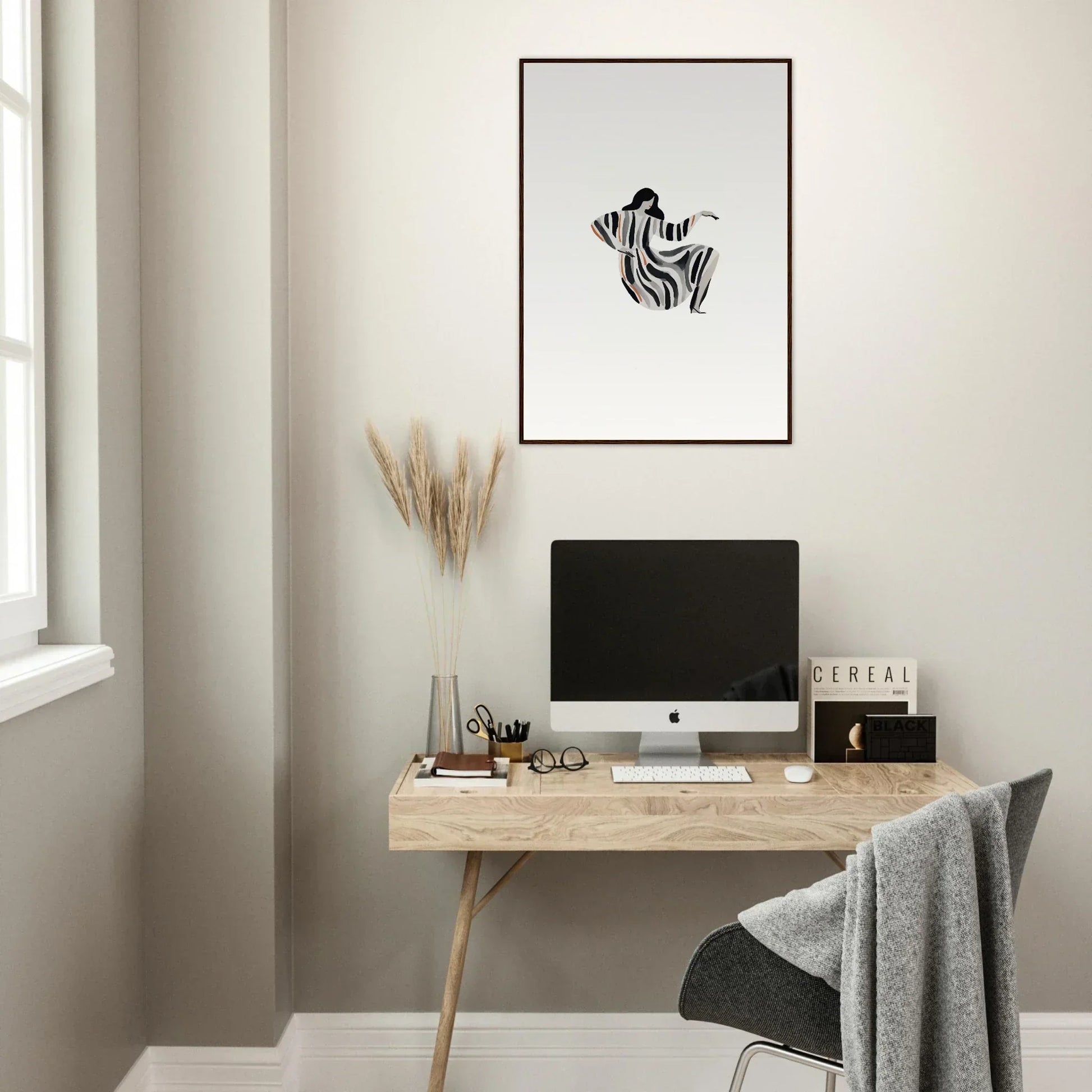 Minimalist home office with wooden desk, computer, and Framed Wall Art for Drizzle Reverie