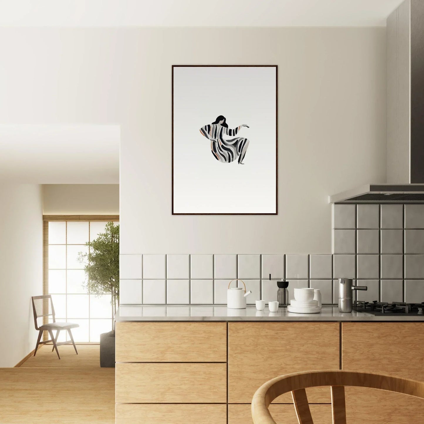 Minimalist black and white zebra line drawing framed wall art for stylish room decor