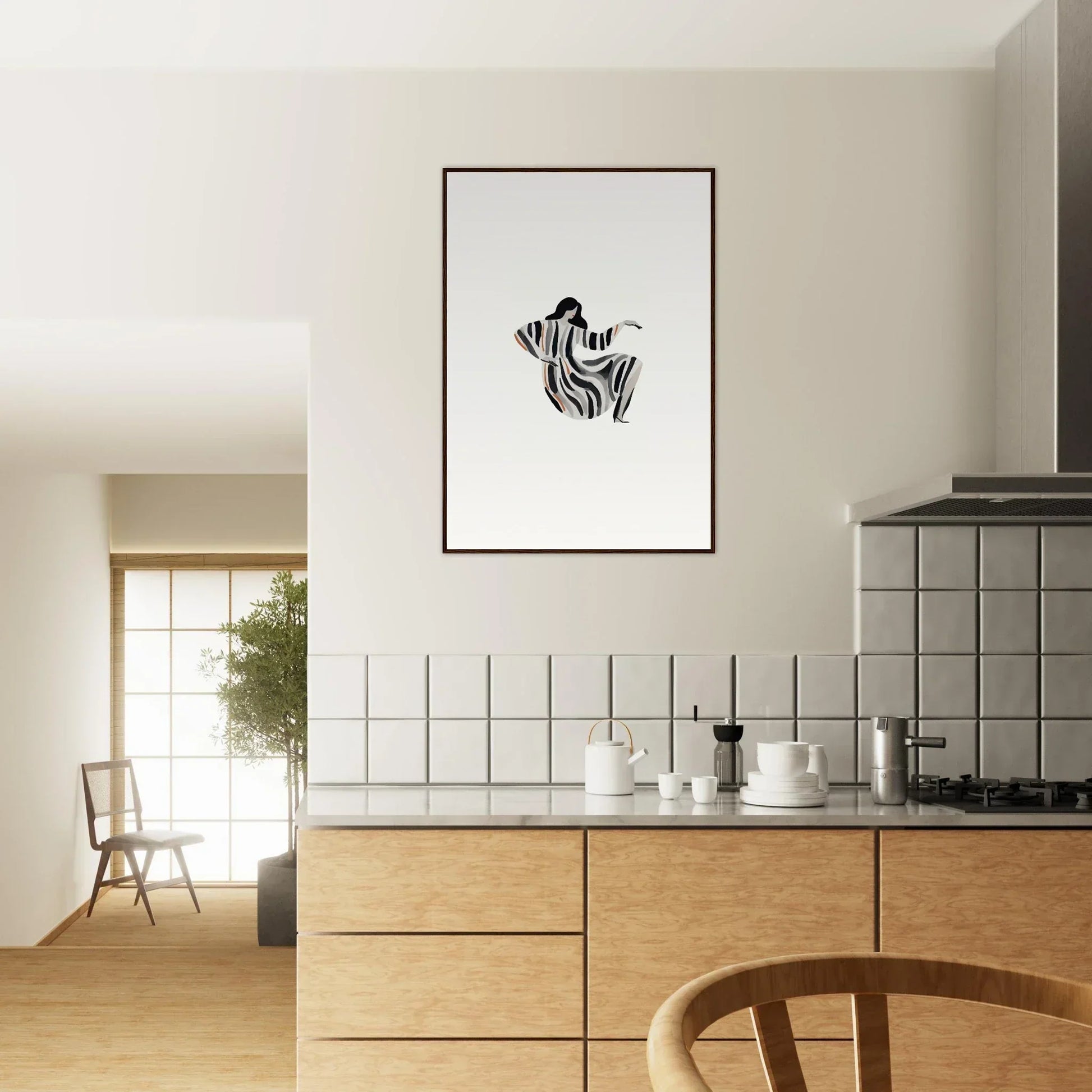 Minimalist black and white zebra line drawing framed wall art for stylish room decor