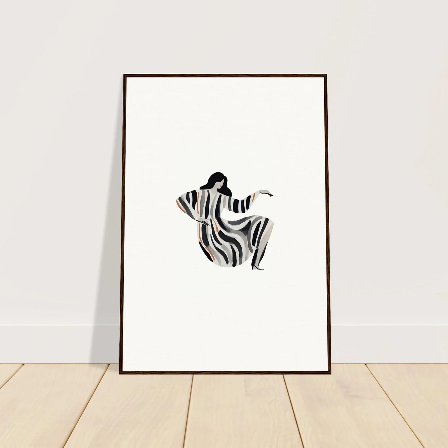 Minimalist black and white figure in zebra-striped clothing for Drizzle Reverie wall art