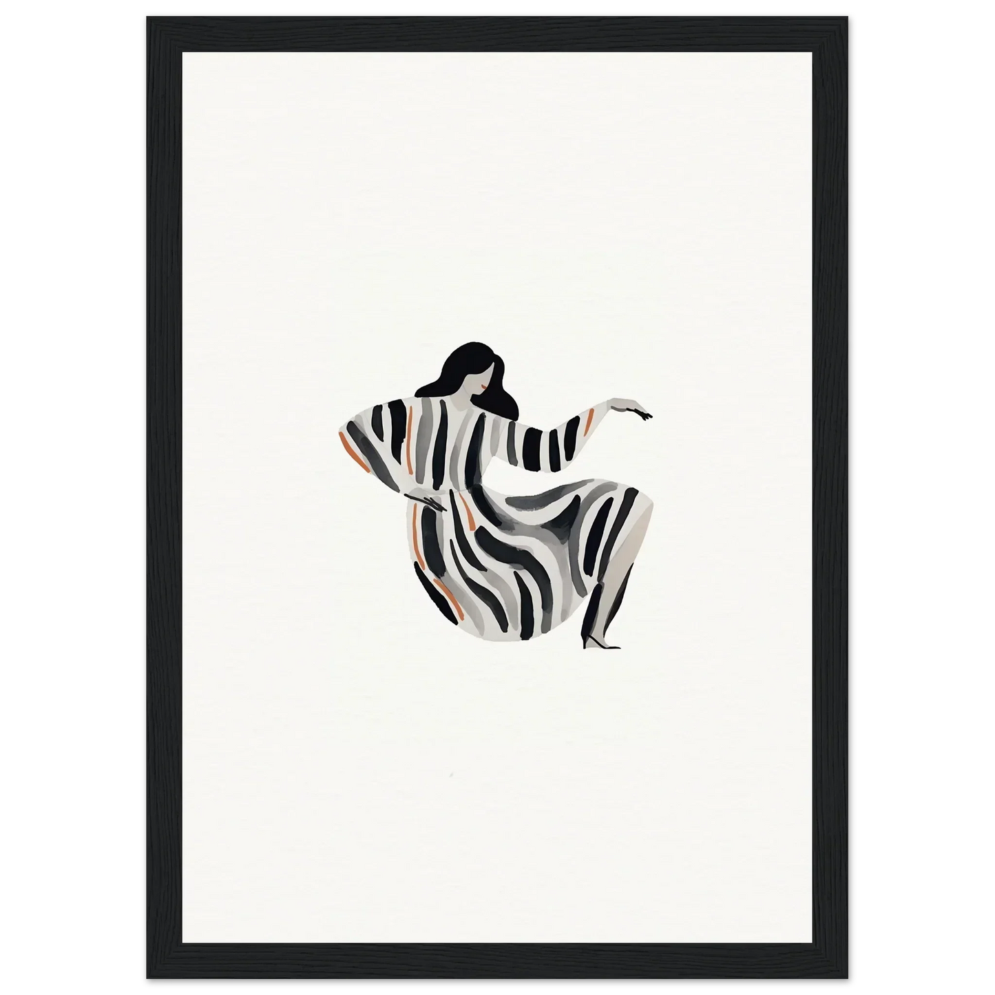 Stylized figure in zebra-striped robe, ideal for drizzle reverie room decor and framed wall art