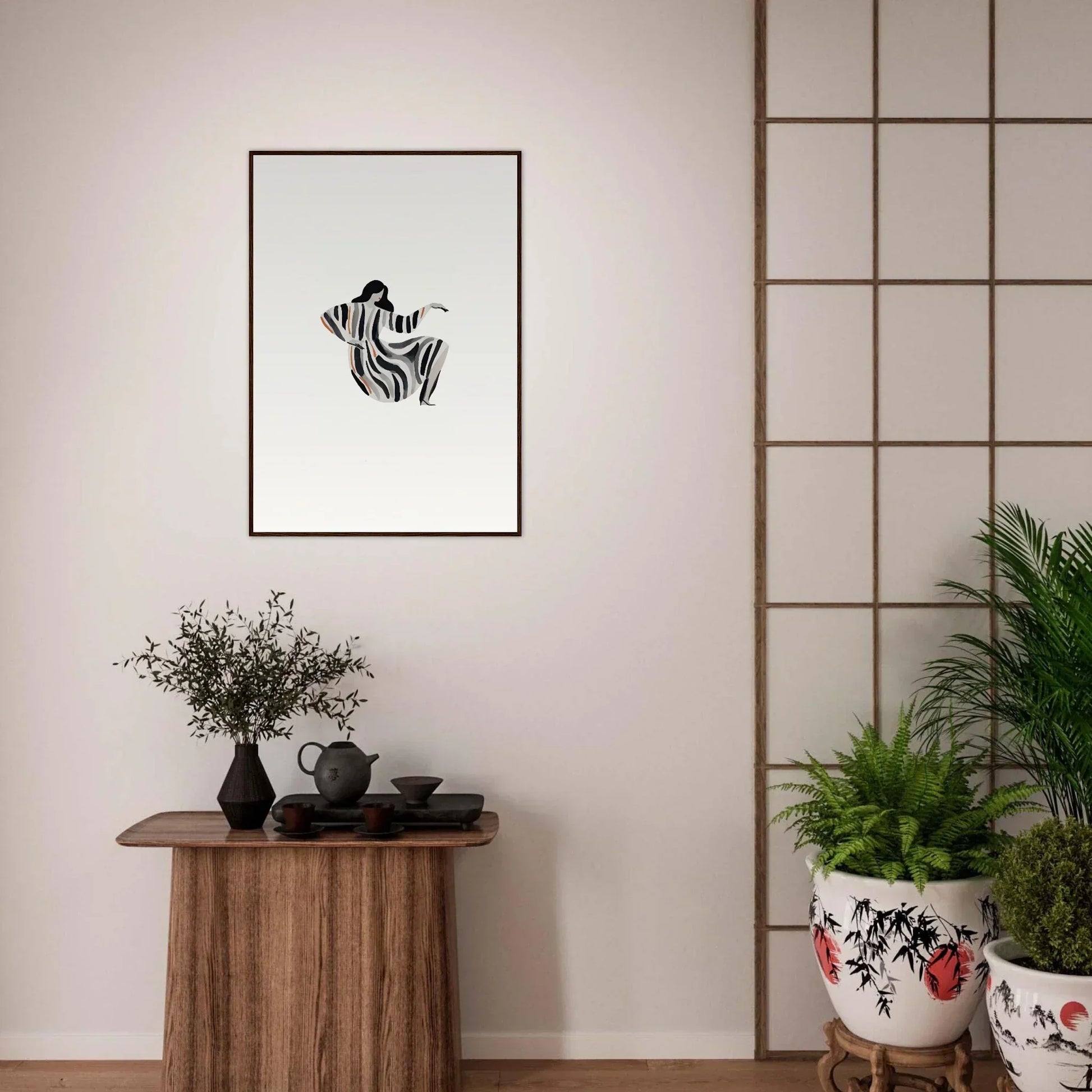 Framed black and white zebra-like line drawing in Epic Drizzle Reverie for room decor