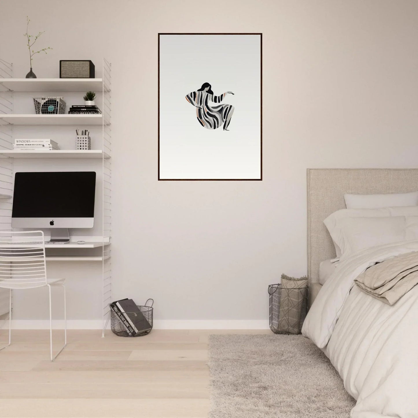 Minimalist bedroom with white walls, floating shelves, and framed wall art for Drizzle Reverie