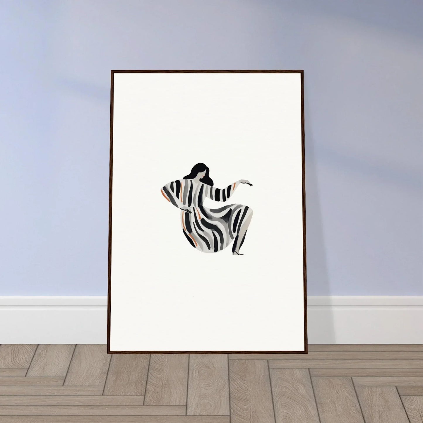 Framed minimalist wall art of a figure in zebra stripes for stylish room decor