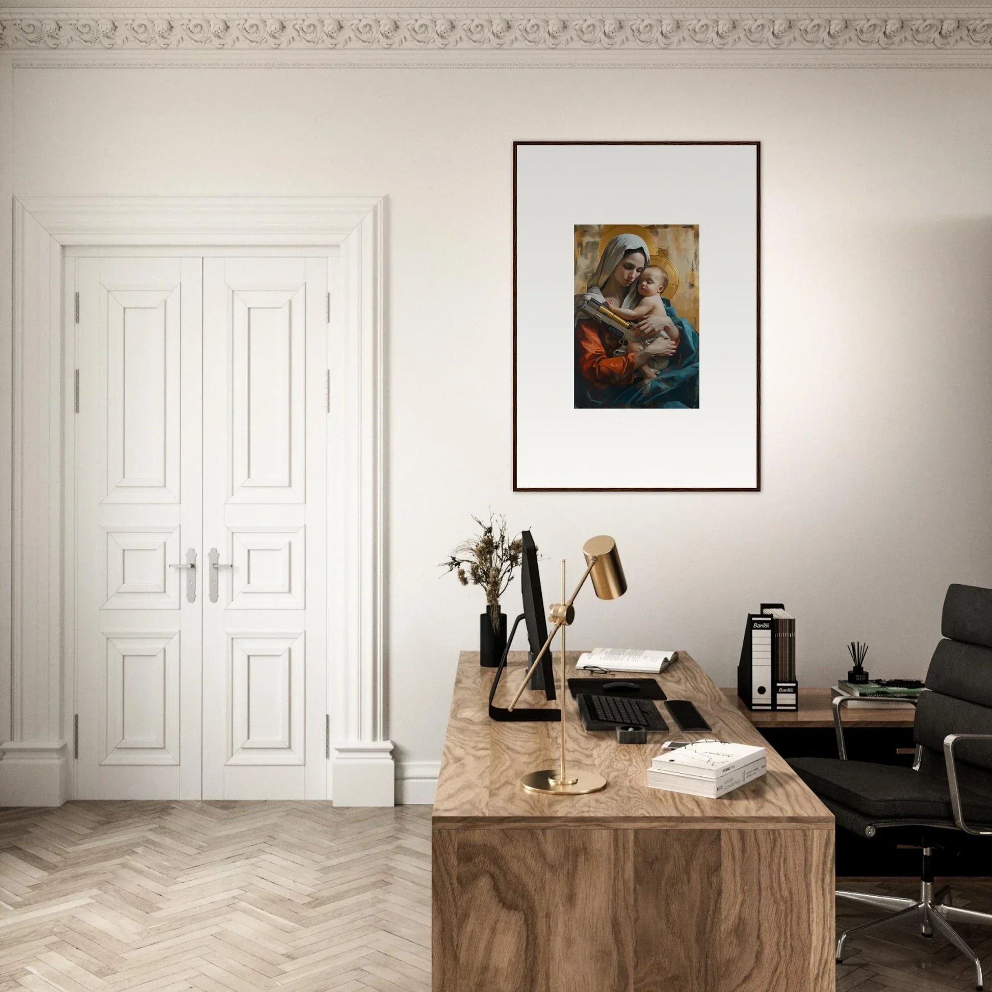 Home office workspace with wooden desk, chair, and cool wall art from Epic Lensions