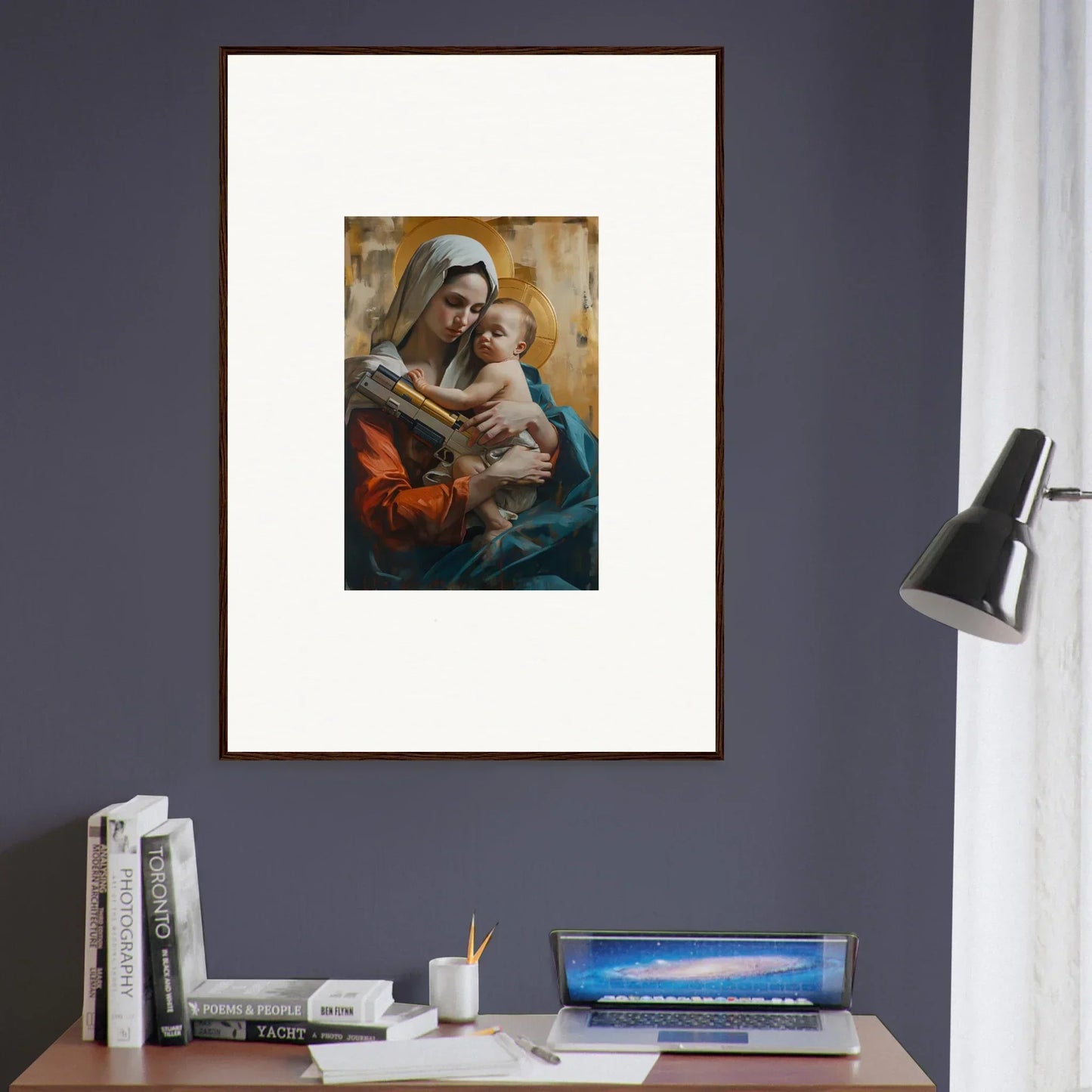 Framed canvas print of a woman holding a baby, perfect for room decoration wall art