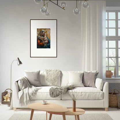 Stylish white sofa with gray and white pillows for chic room decoration. Epic Lensions