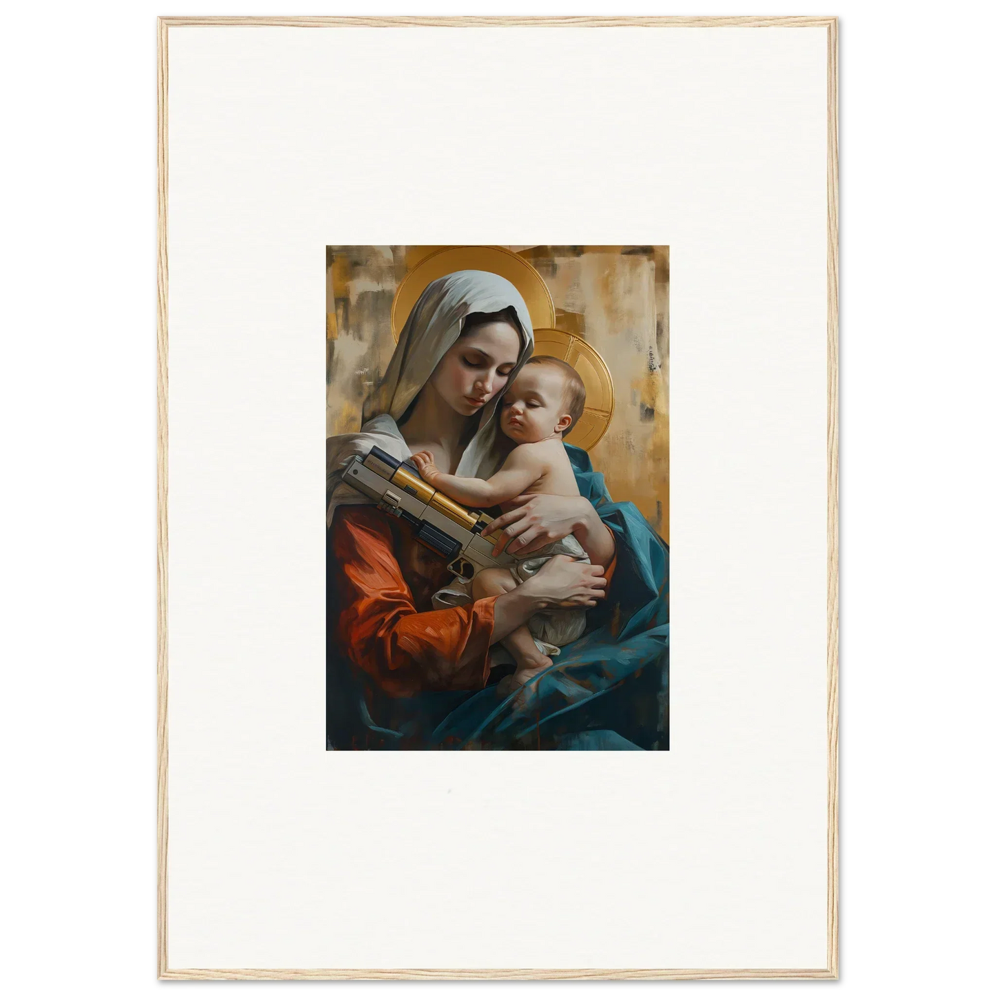 Painting of a woman holding a baby with halos, perfect for room decoration as wall art