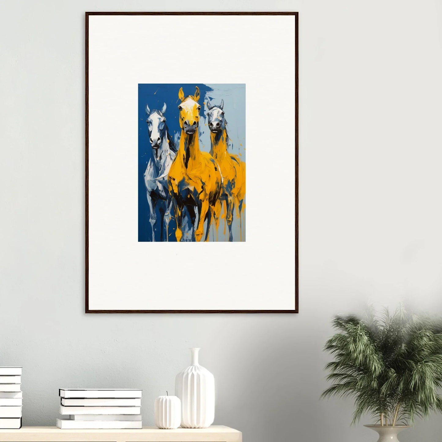 Framed wall art of three colorful horses on blue, perfect for Eleven Sunrise room decor