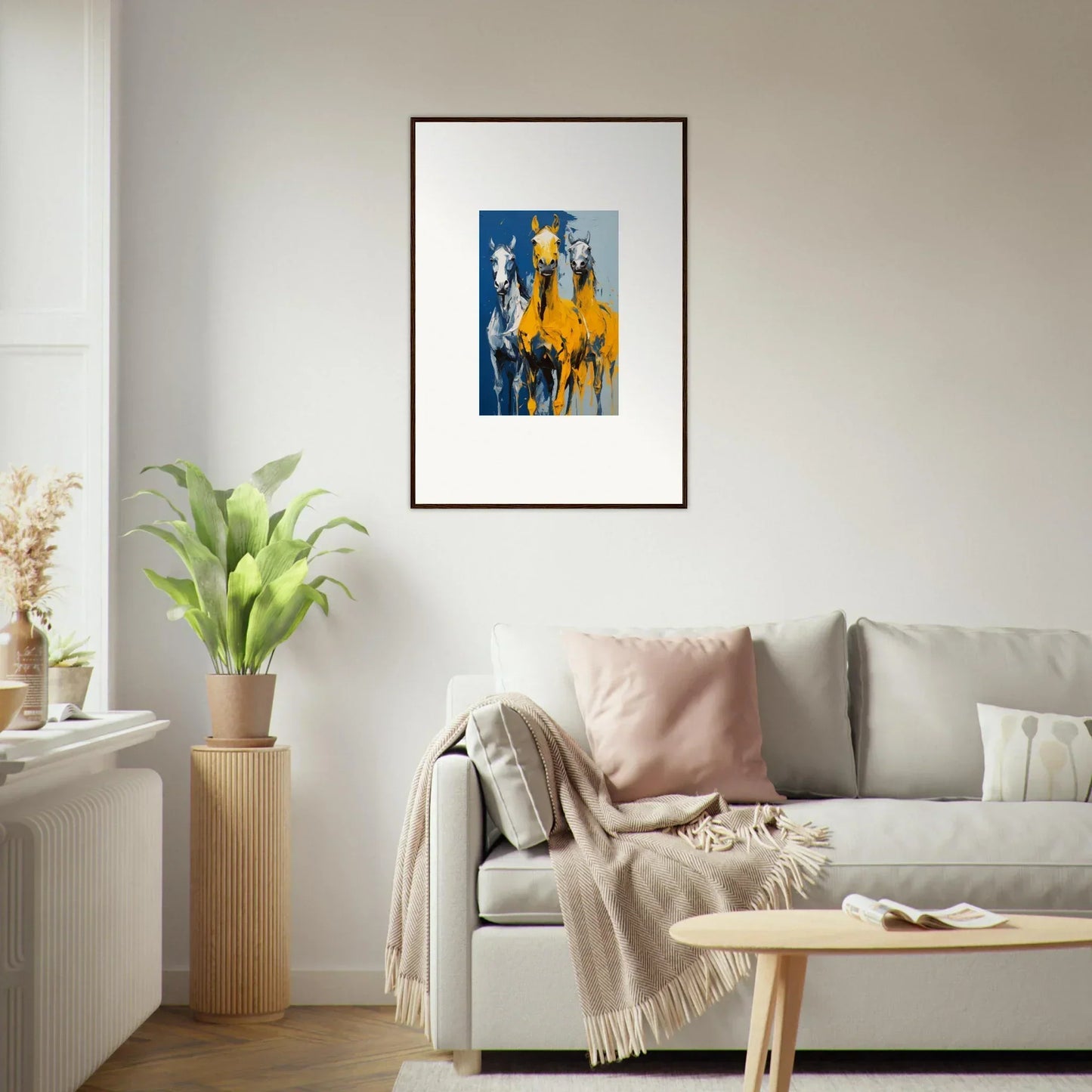 Framed abstract painting in blue and yellow for Eleven Sunrise room decor