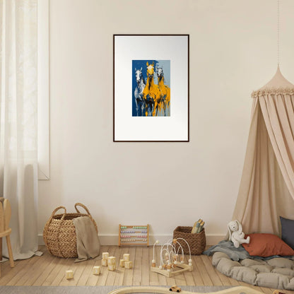 Framed wall art of colorful horses against blue background for Eleven Sunrise room decor