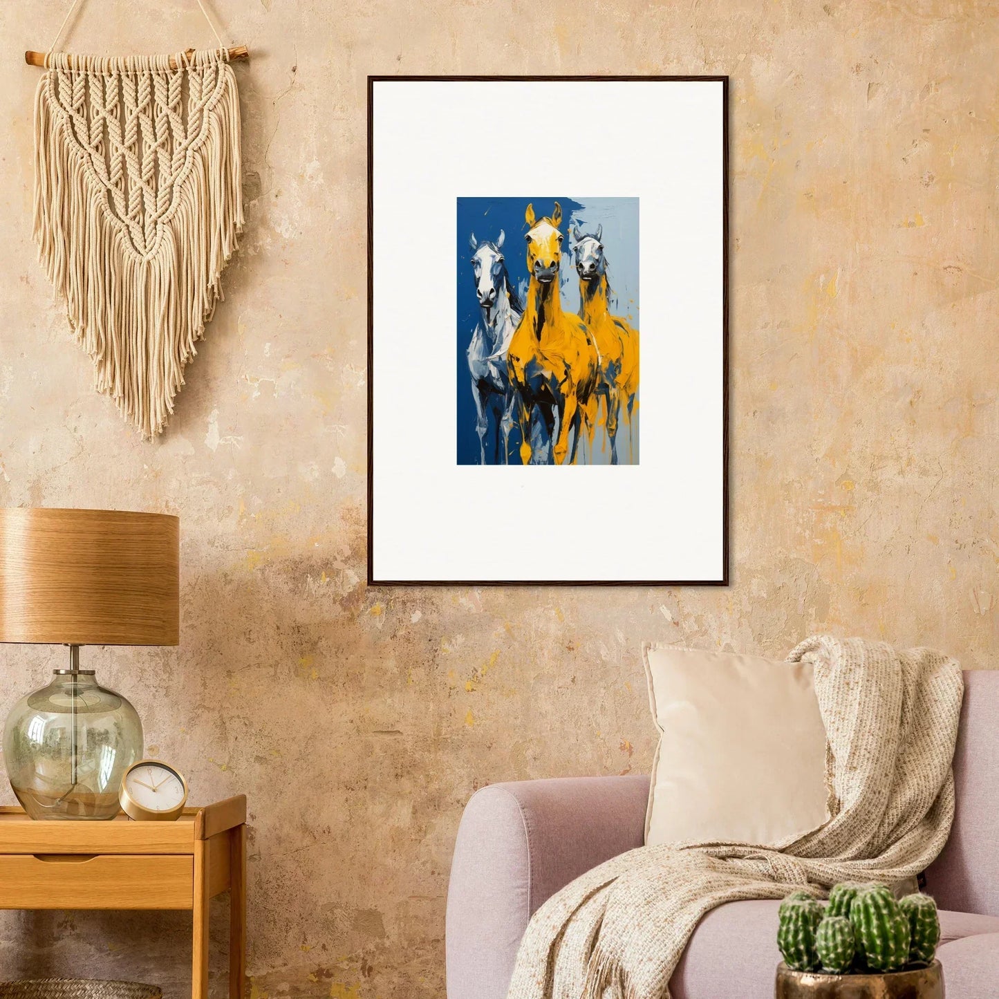 Framed wall art of colorful llamas against blue background for Eleven Sunrise room decor