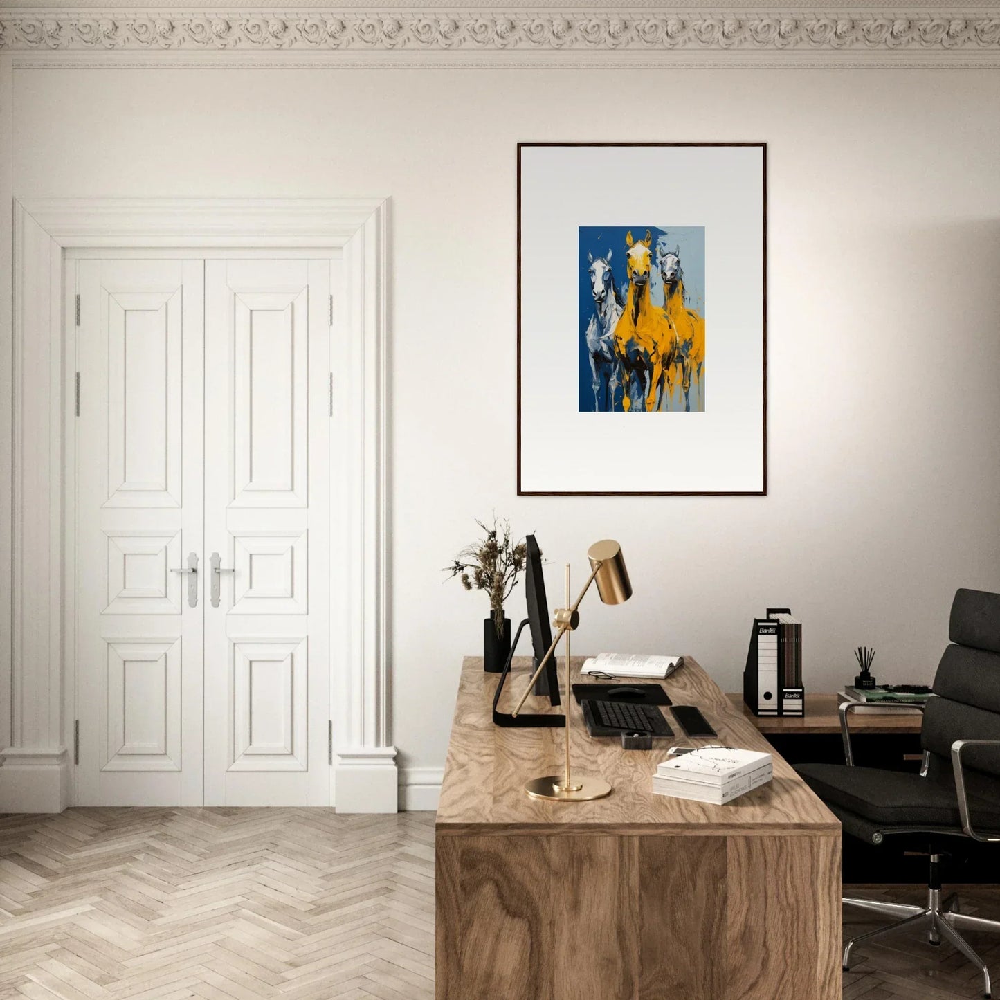 Elegant home office with wooden desk, modern chair, and Eleven Sunrise framed wall art