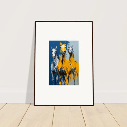 Framed wall art of three colorful horses for vibrant room decor, Eleven Sunrise design