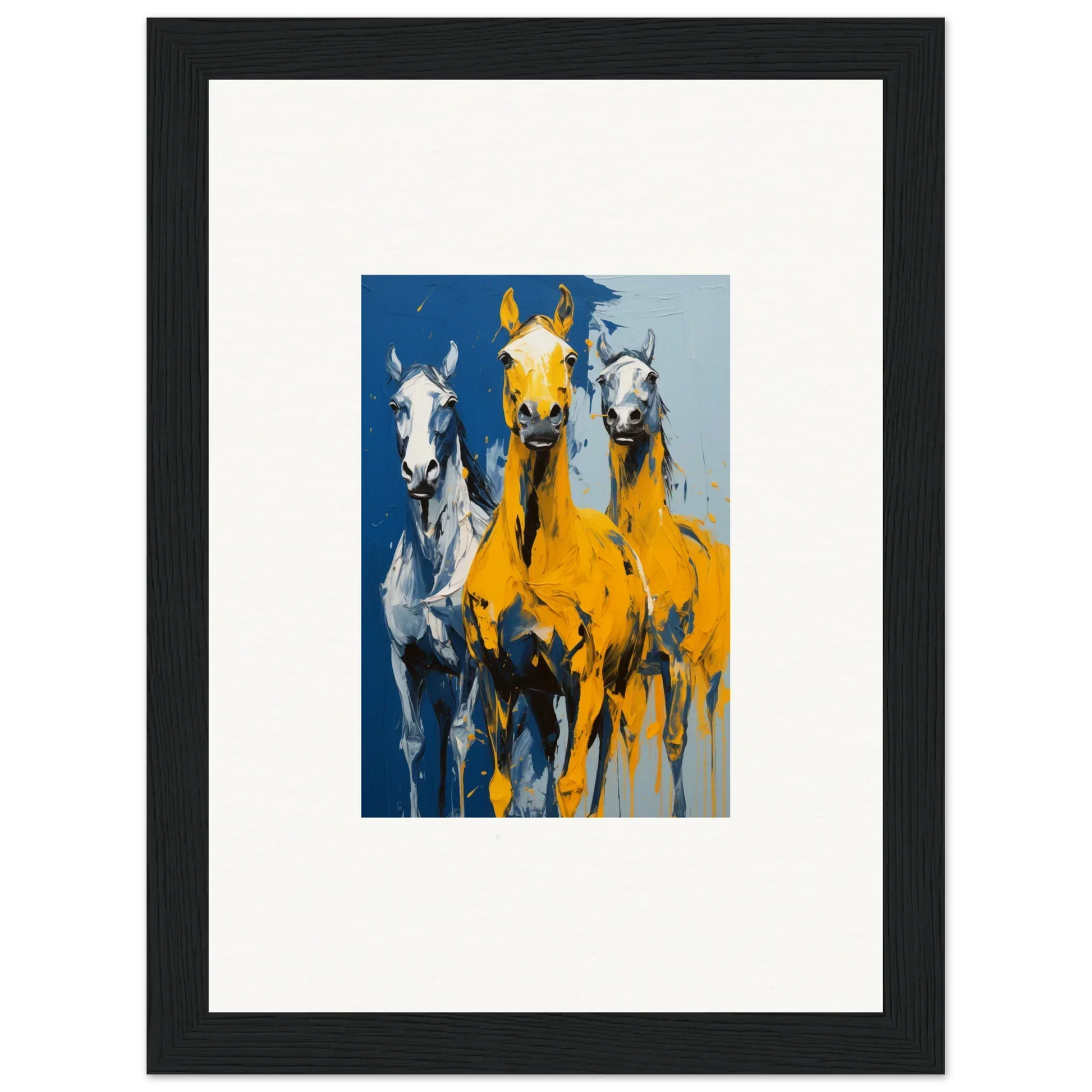 Colorful painting of three horses, including a yellow one, ideal for Eleven Sunrise room decor