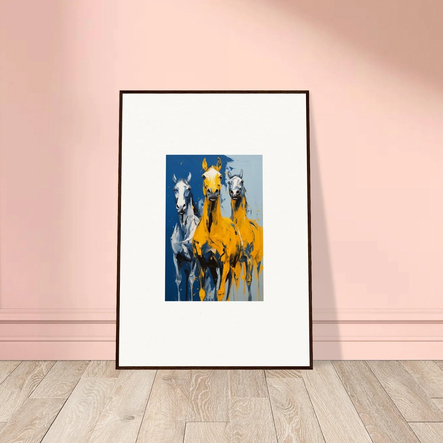 Framed wall art of three stylized horses in blue and yellow for Eleven Sunrise room decor