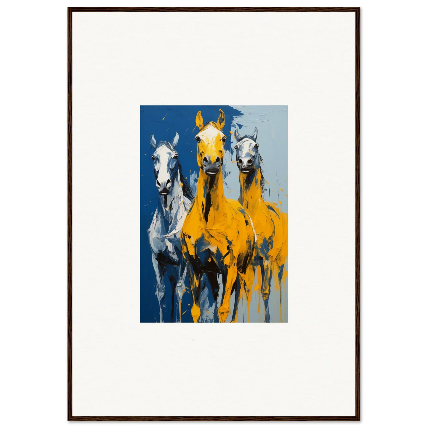 Colorful painting of three horses for Eleven Sunrise framed wall art and room decor