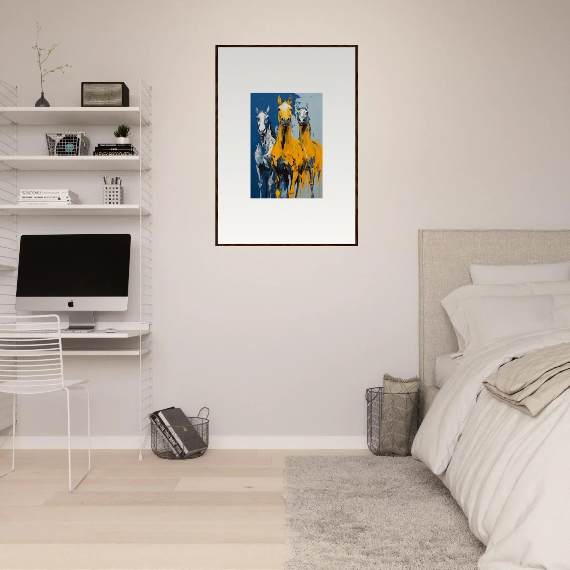 Framed abstract painting in yellow and blue, perfect for Eleven Sunrise room decor