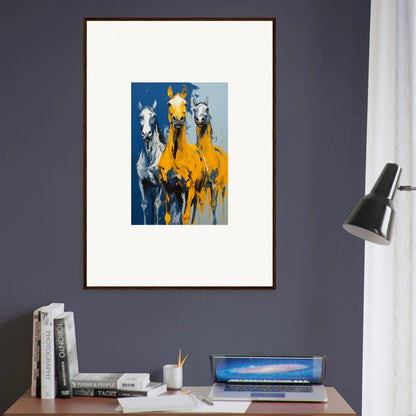 Framed wall art featuring three horses in blue and yellow for Eleven Sunrise room decor