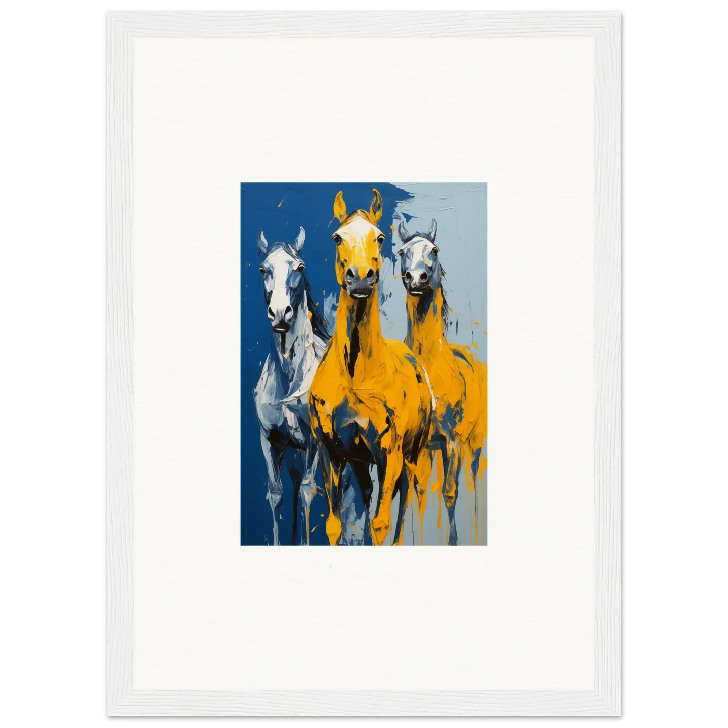 Painting of three horses running, a yellow horse centered, ideal for Eleven Sunrise room decor