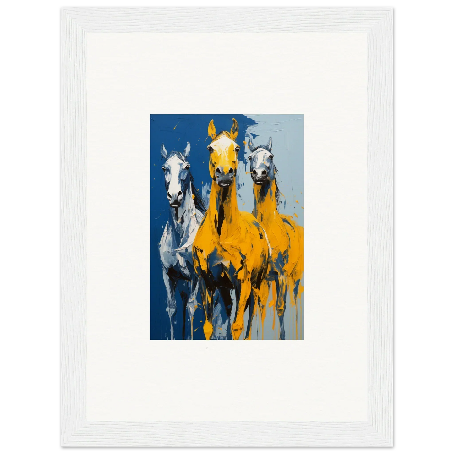 Vibrant painting of three horses with a yellow horse, perfect for Eleven Sunrise room decor