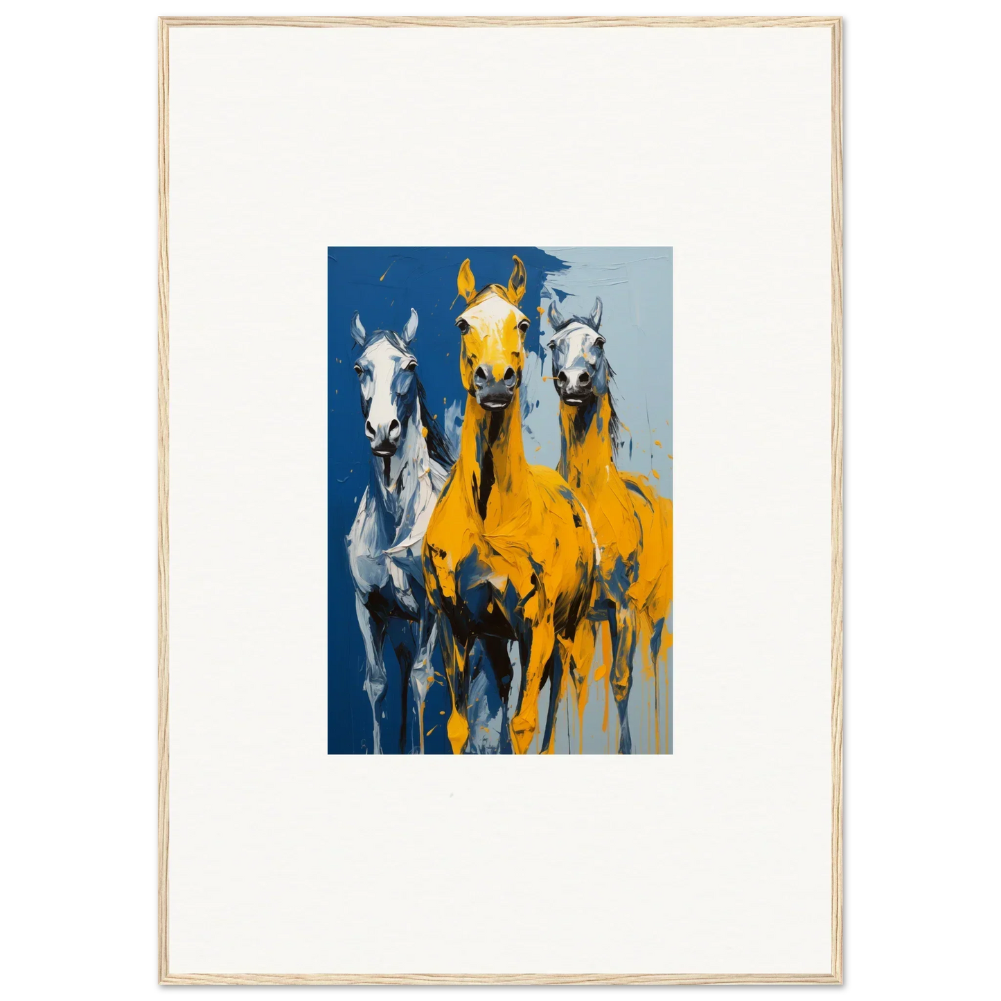 Colorful framed wall art of three horses, including a yellow one, for Eleven Sunrise room decor