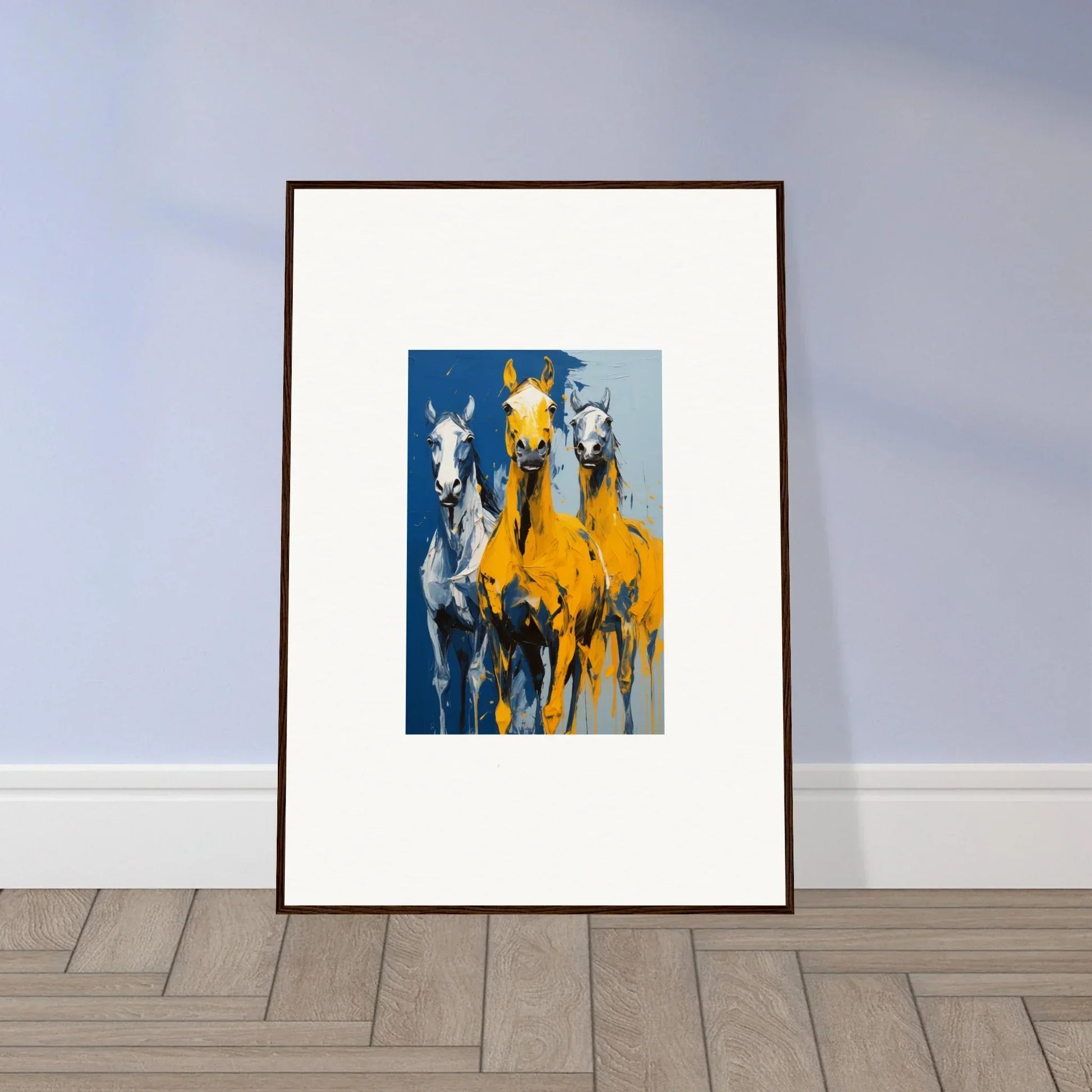 Framed wall art featuring three stylized horses in blue and yellow for Eleven Sunrise room decor