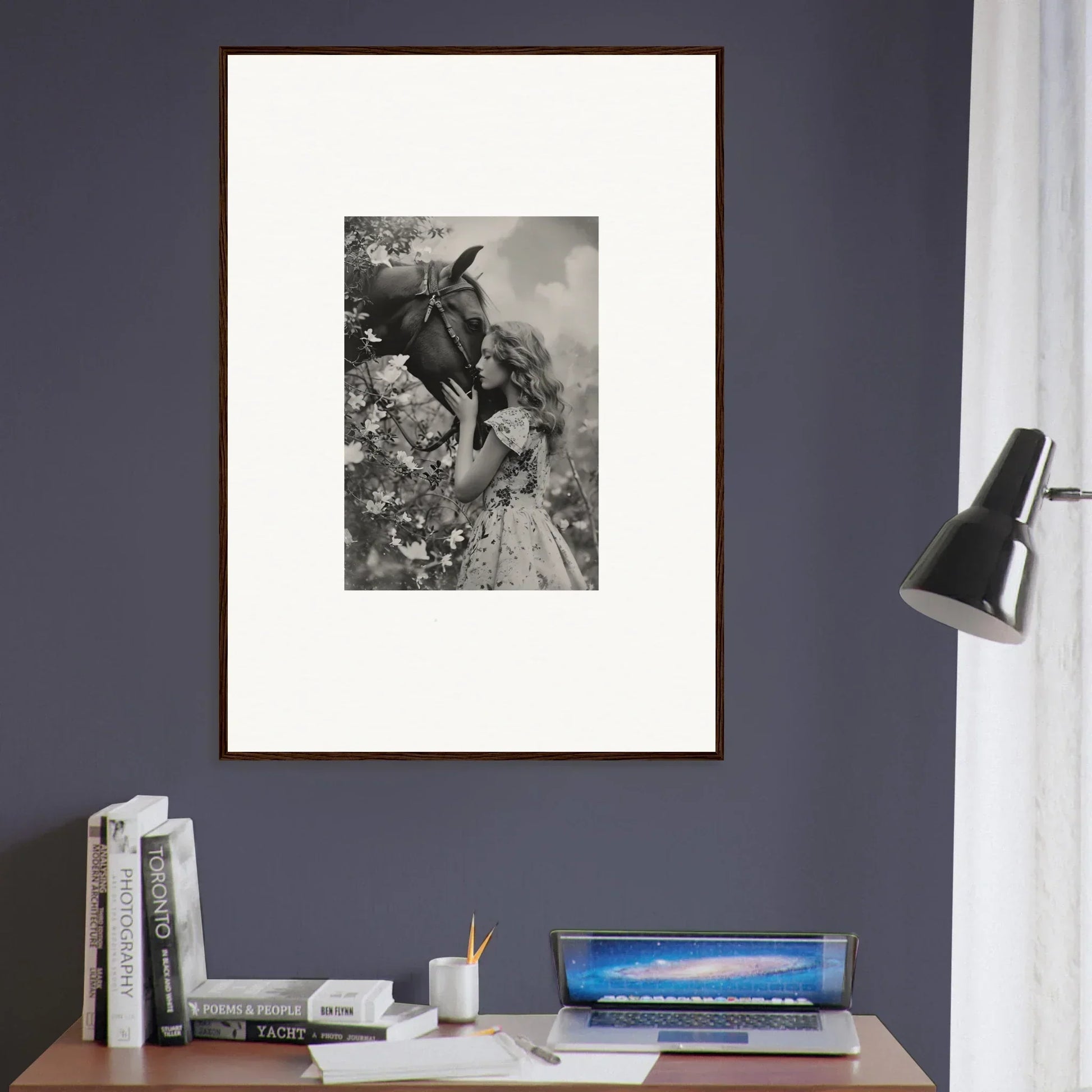 Black and white canvas print of a person in a hat holding flowers for room decoration