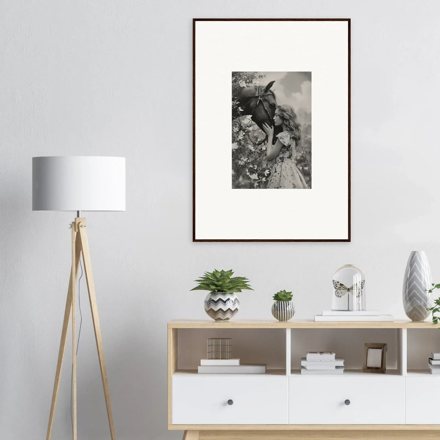 Framed black and white canvas print of a person with a horse, perfect room decoration