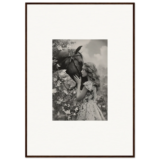 Framed black and white photo of girl kissing a donkey for room decoration