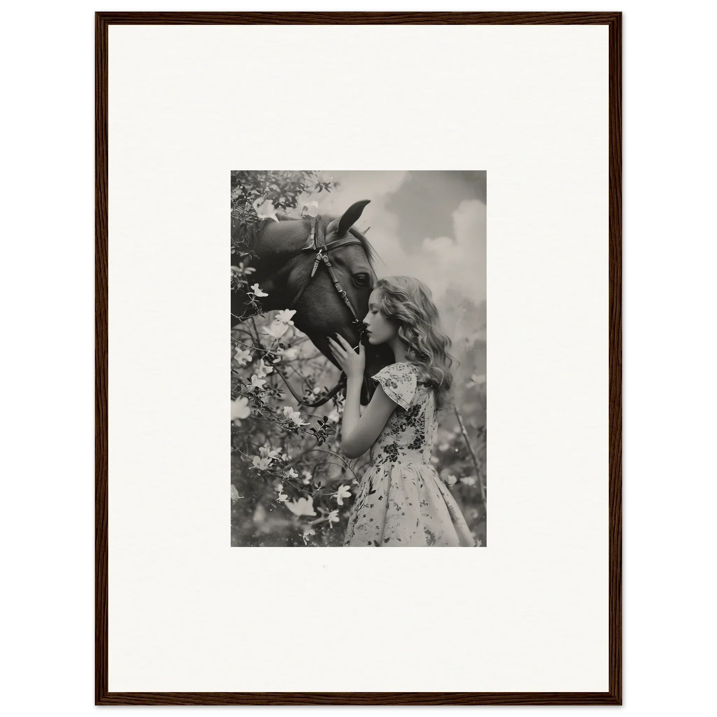 Framed black and white photo of a girl with a donkey, perfect for room decoration