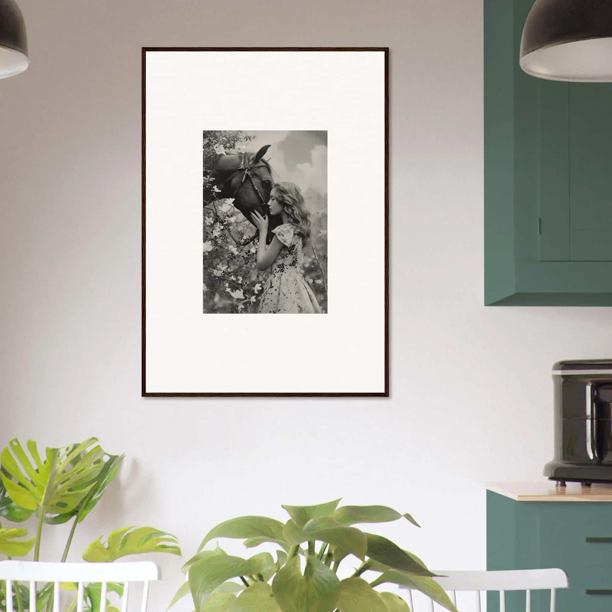 Framed black and white canvas print of a donkey and person for charming room decoration