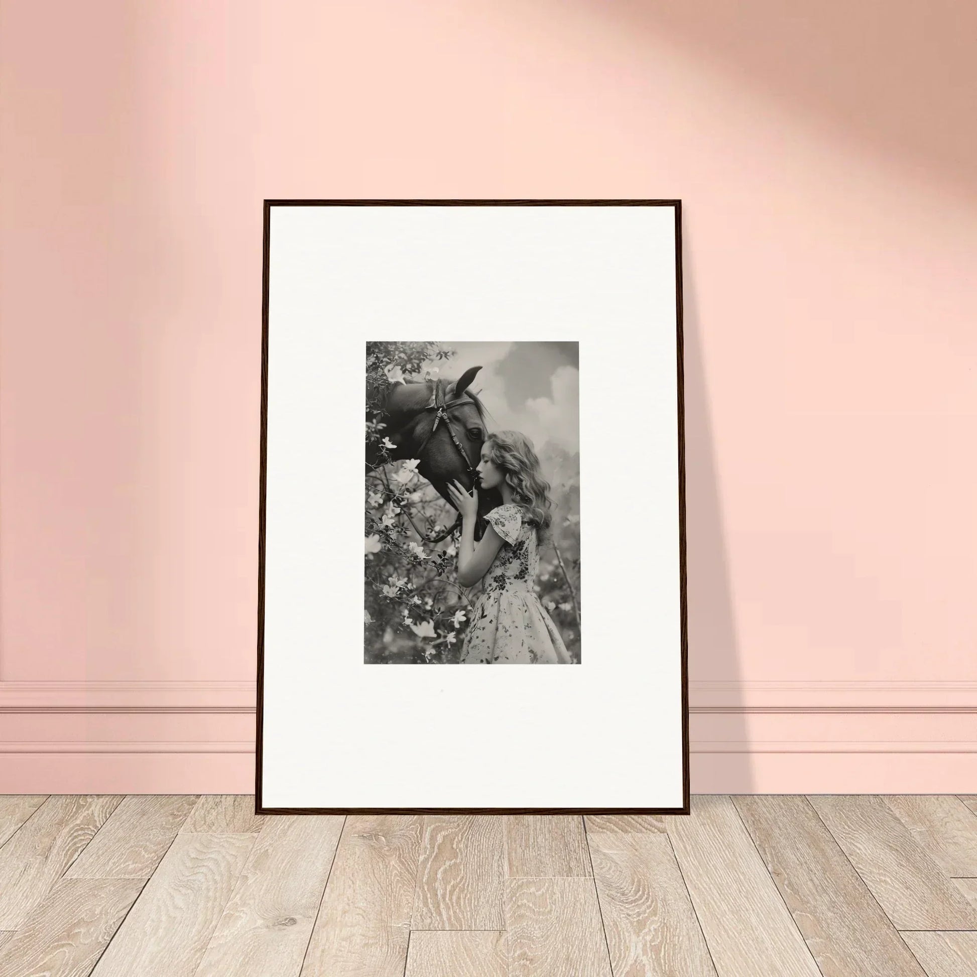 Framed black and white photo of donkey riding, perfect for room decoration with a whisper spell vibe