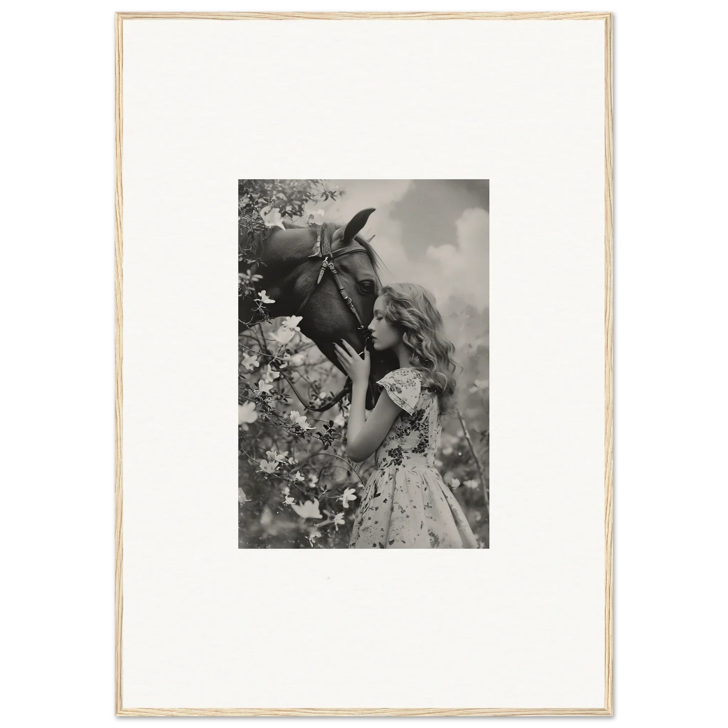 Young girl smelling a flower in black and white, perfect for your room decoration or canvas print