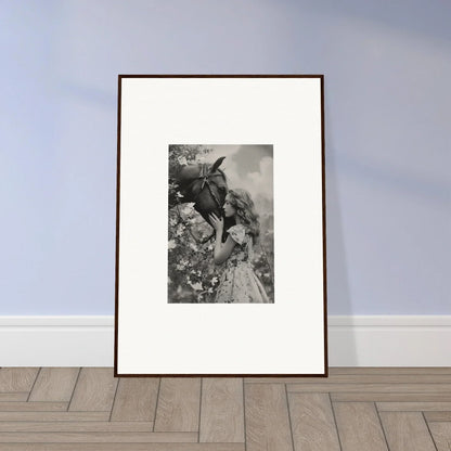 Framed black and white photo of a person in a donkey mask for cool room decoration