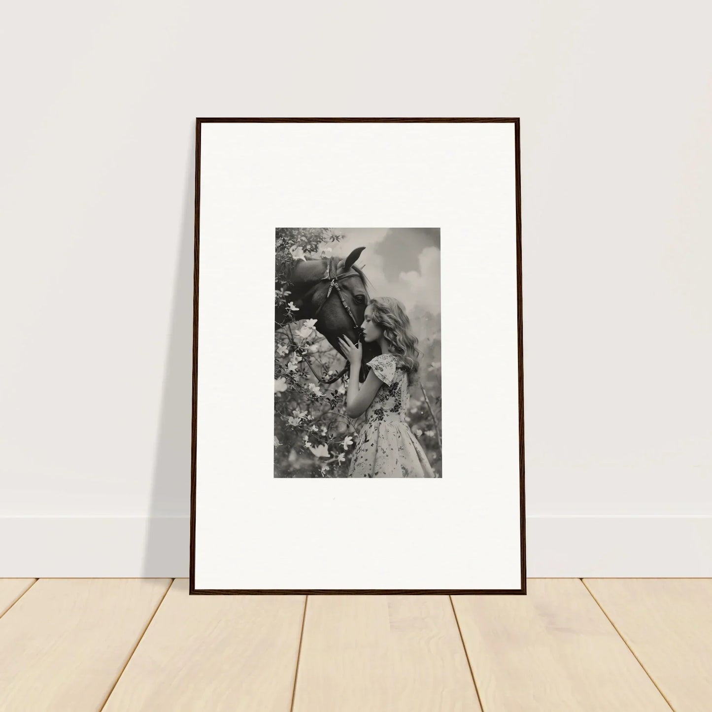 Framed black and white canvas print of a person with a donkey, perfect for room decoration