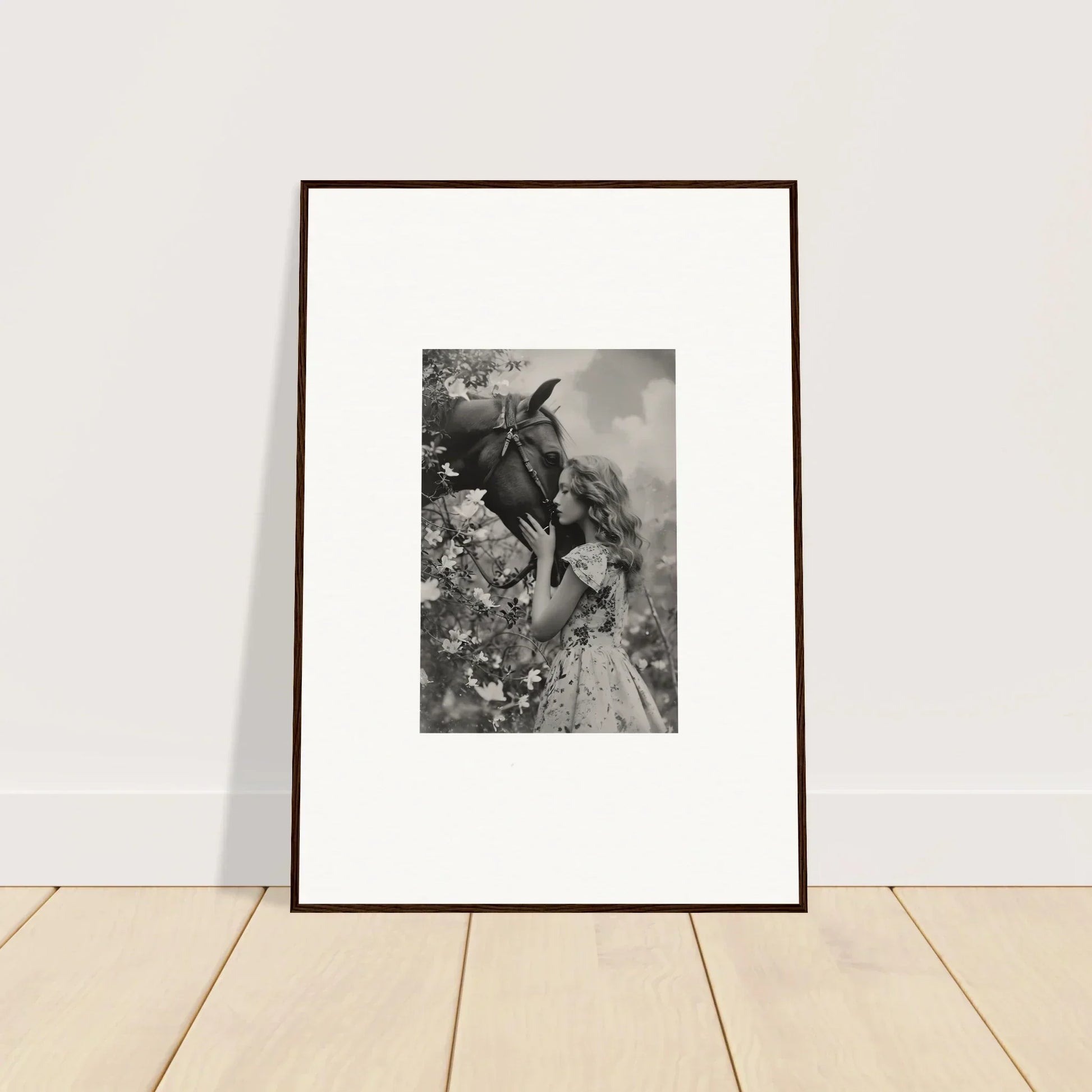 Framed black and white canvas print of a person with a donkey, perfect for room decoration