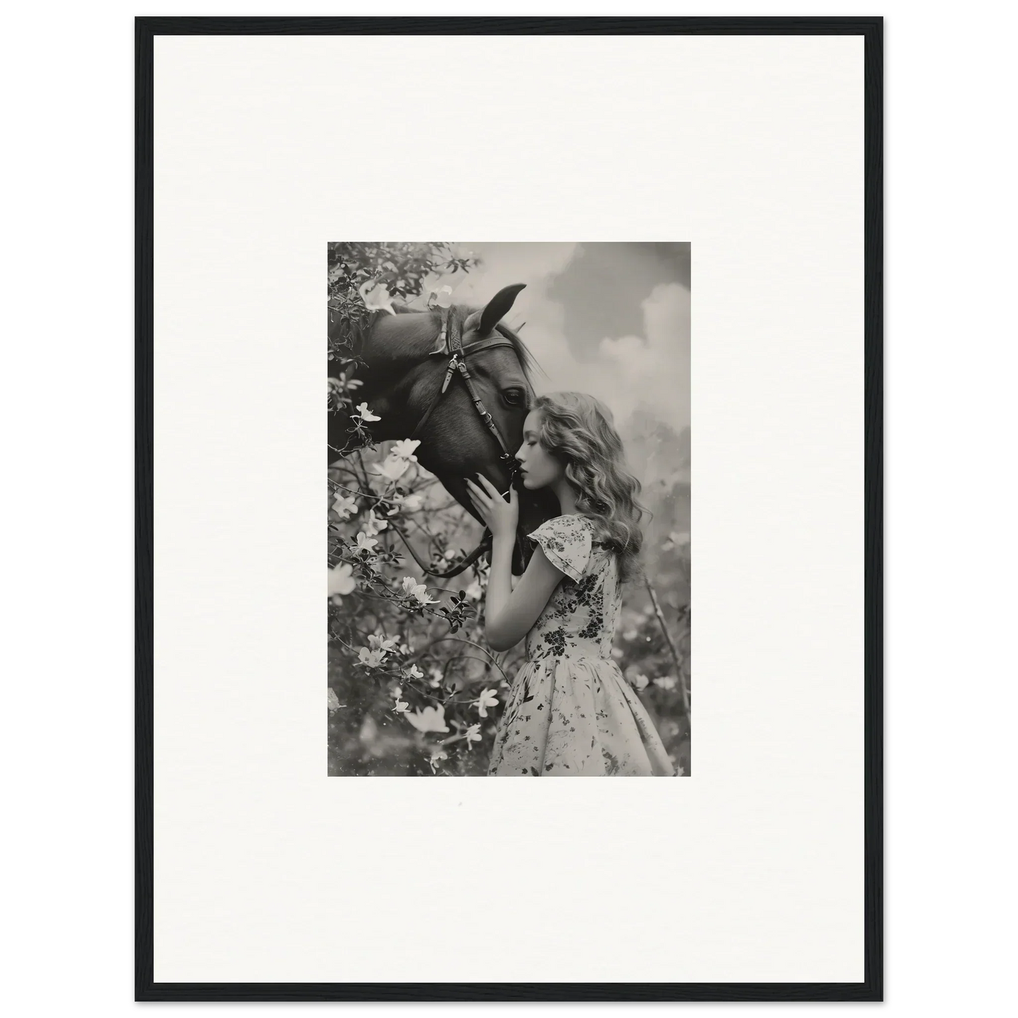 Young girl kisses donkey in black and white, perfect for a whisper spell room decoration